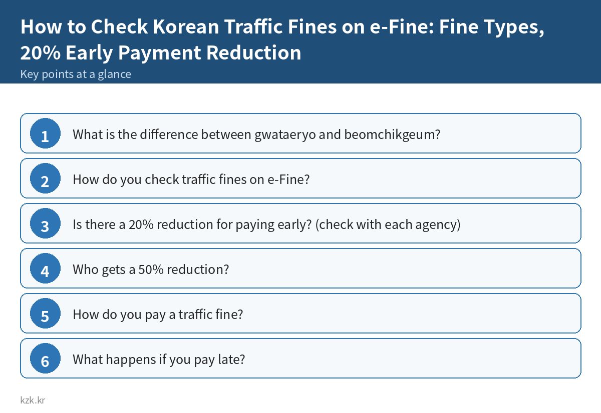 How to Check Korean Traffic Fines on e-Fine: Fine Types, 20% Early Payment Reduction: key points summary