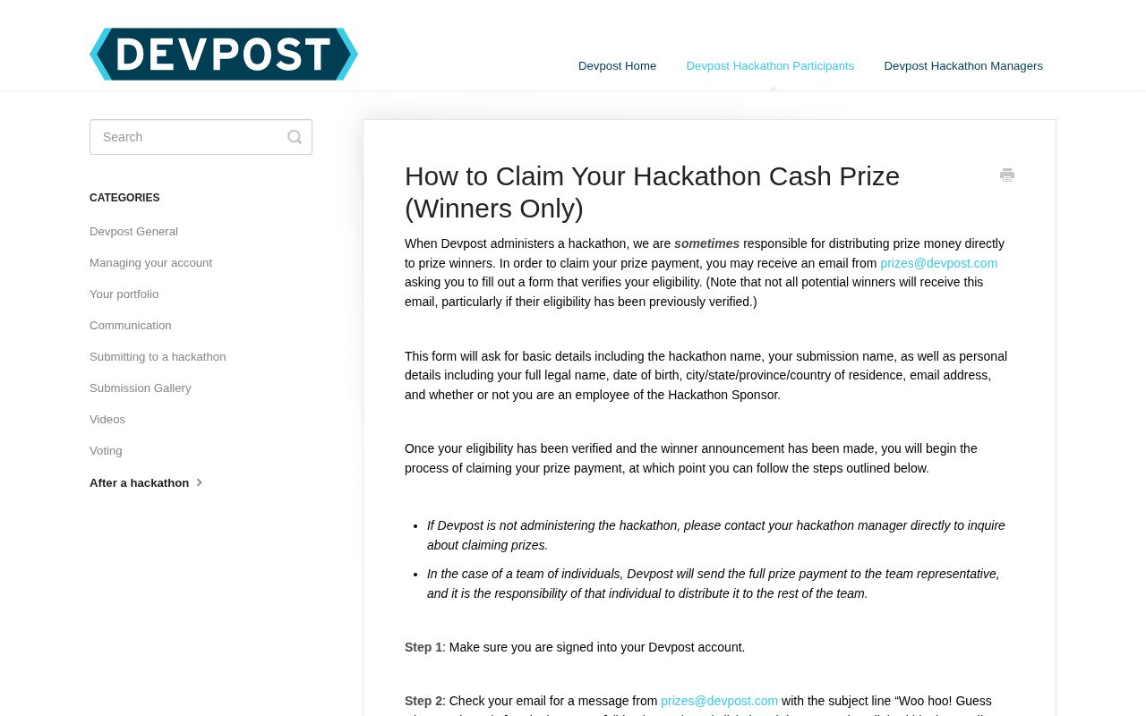 Devpost Help Center article on claiming a hackathon cash prize