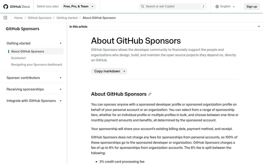 GitHub 공식 문서의 GitHub Sponsors 안내 화면