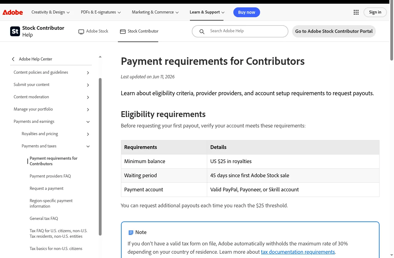 Adobe Stock Contributor Help: payment requirements – US $25 minimum, 45 days after first sale, PayPal, Payoneer or Skrill, up to 30% withholding without a tax form (captured 2026-10-26)