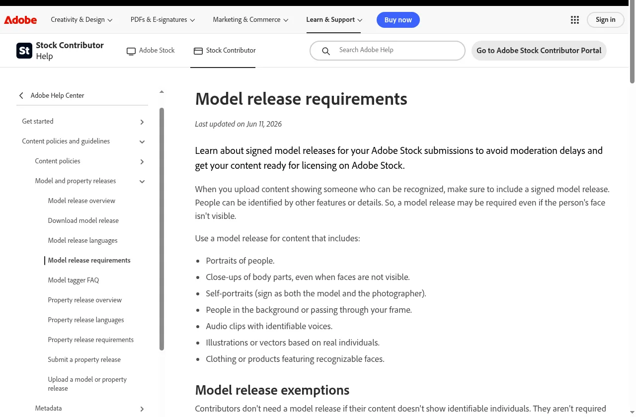 Adobe Stock Contributor Help: model release requirements for recognizable people (official page, captured 2026-10-26)