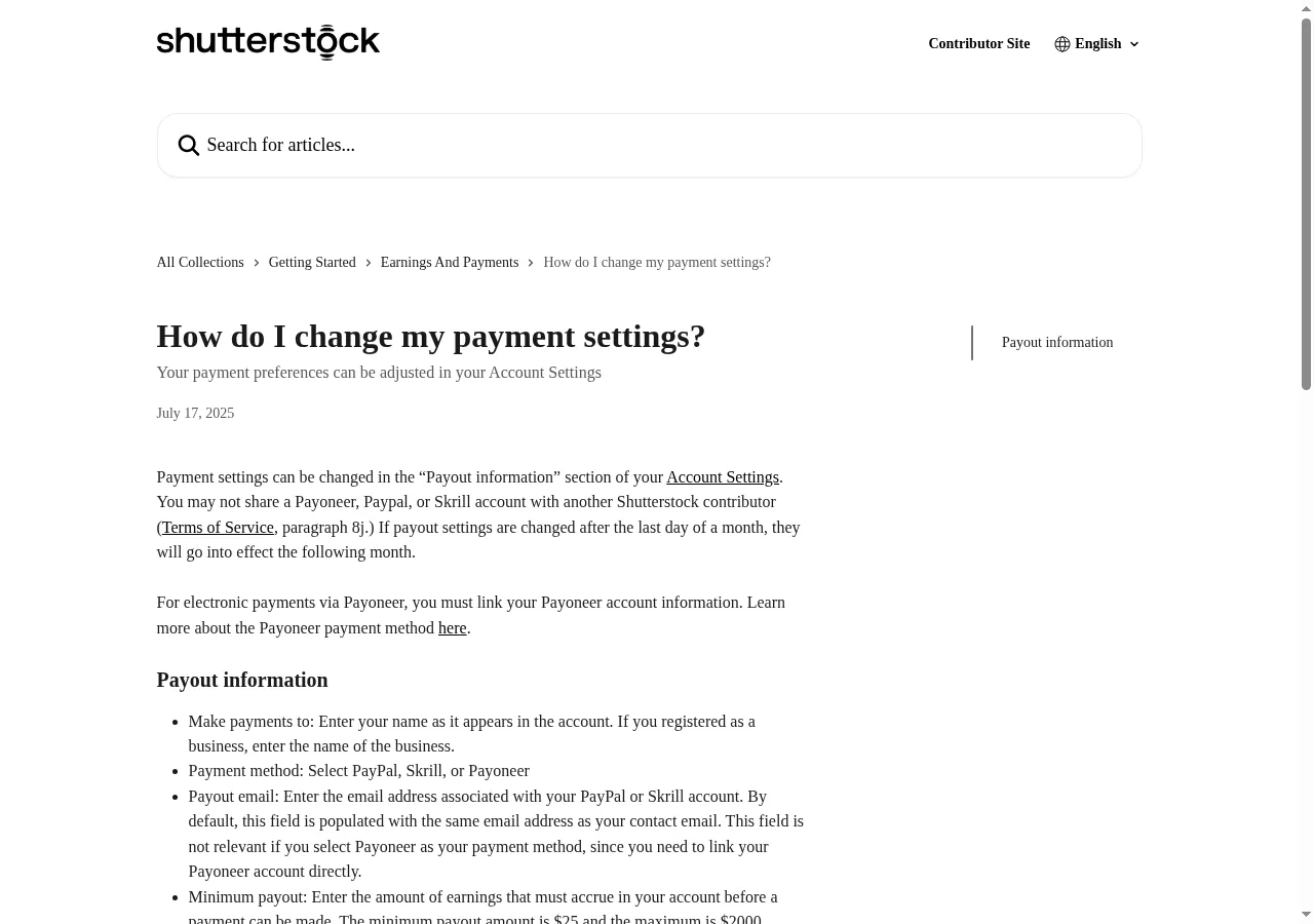 Shutterstock contributor help: payment settings and minimum payout of $25 (official page, captured 2026-10-26)