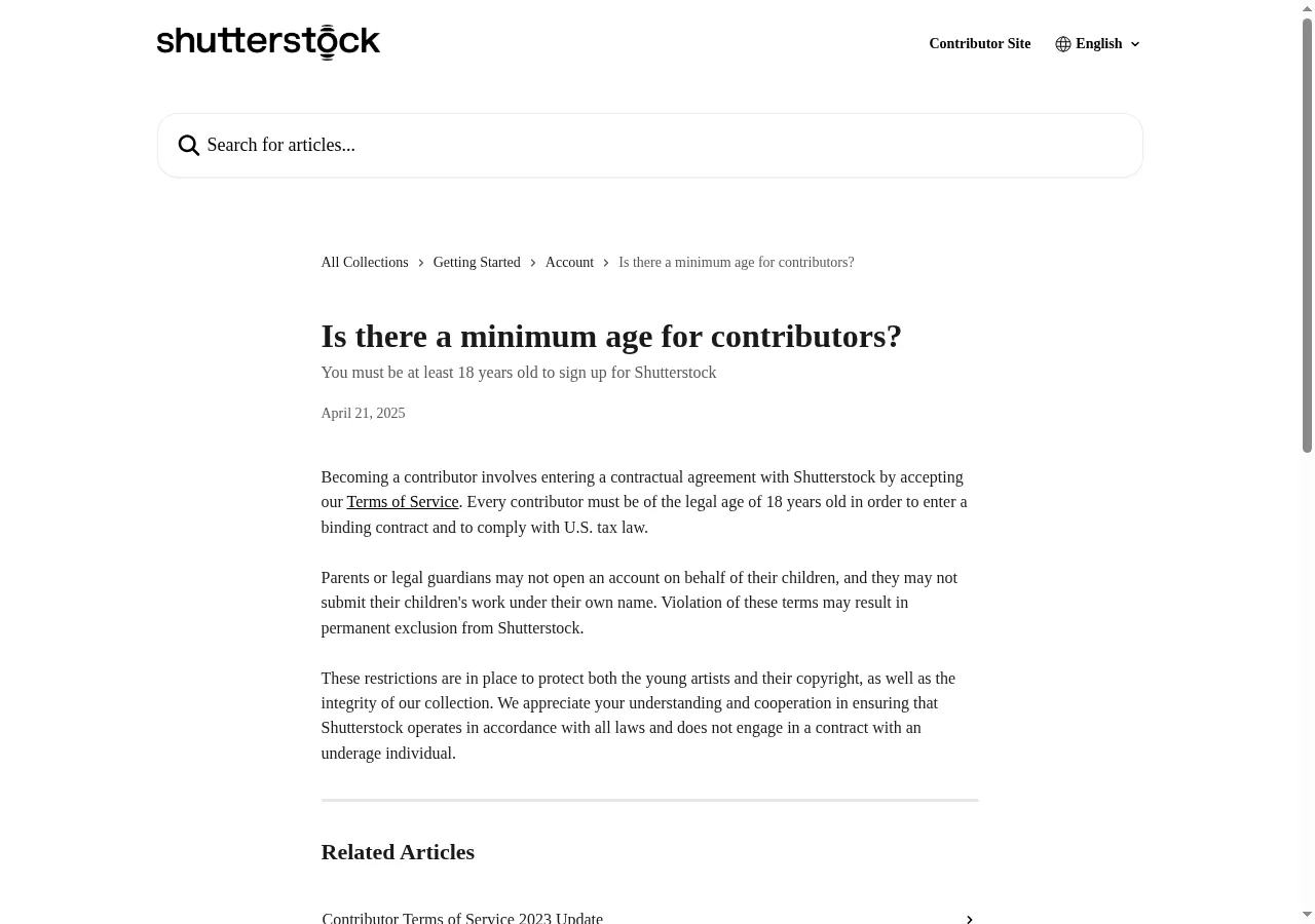 Shutterstock contributor help: contributors must be at least 18 years old (official page, captured 2026-10-26)